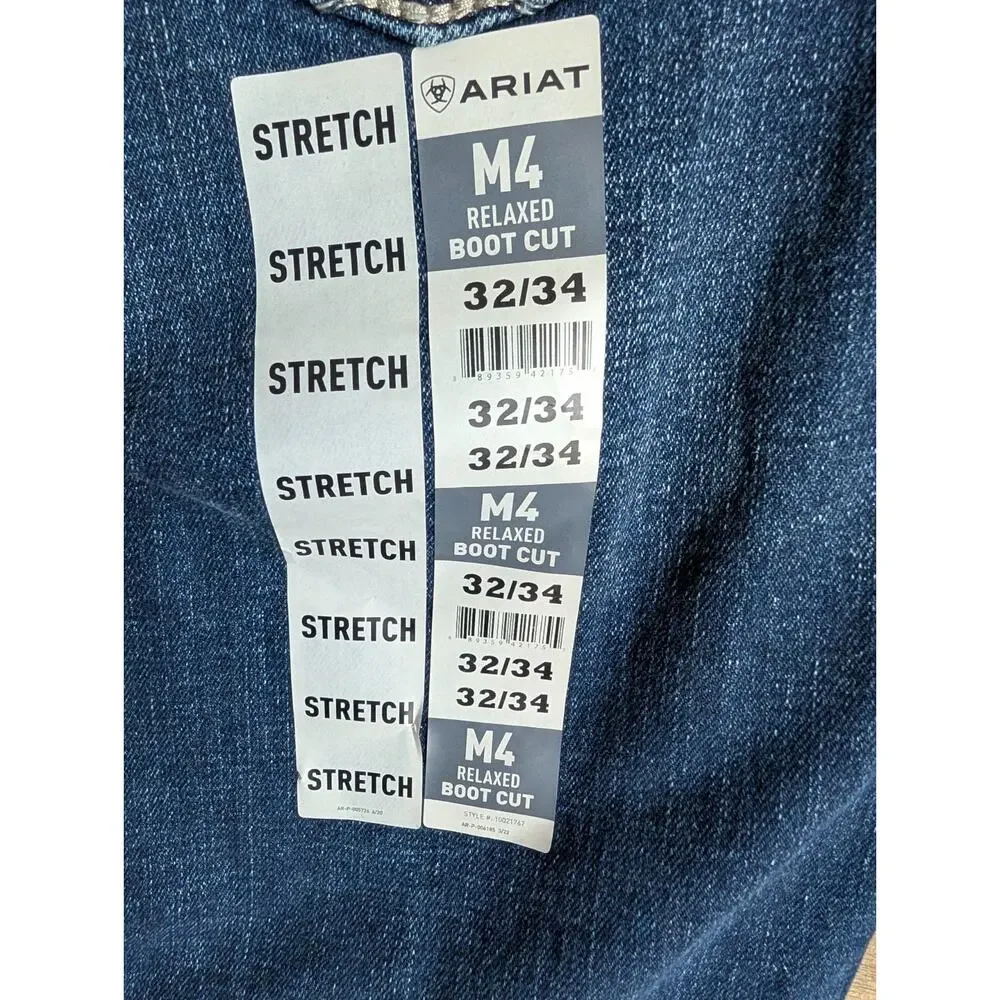 NWT Ariat M4 Jeans Mens 32x34 Blue Denim Stretch Relaxed Bootcut Leg 10021767